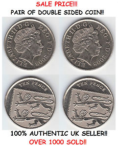 Pair of Real Double Sided 10 Pence Coin 1 Two Headed and 1 Two Tailed 10p Coin 